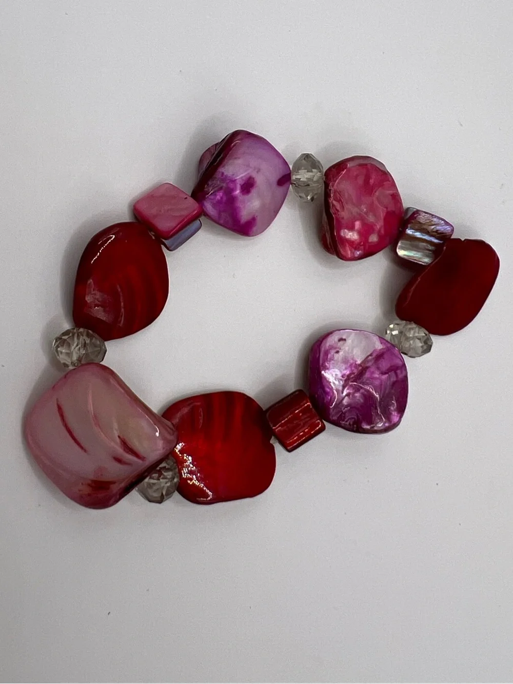 Vintage Pink Red Mother of Pearl Shell Nugget Stretch Bracelet